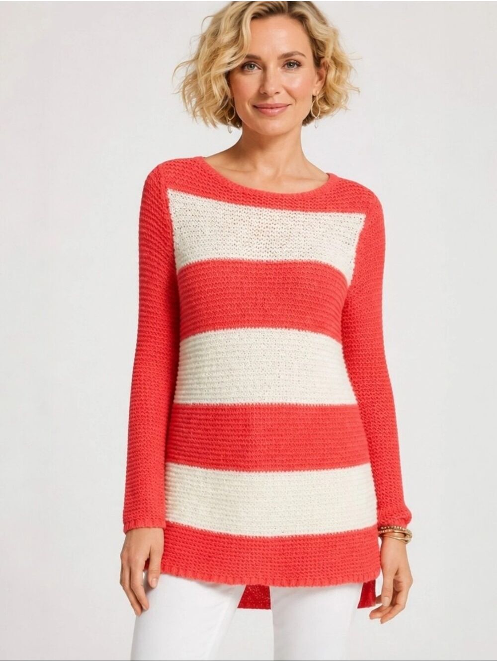 Chico's "Harley" Coral & Ivory Stripe Knit Tunic Sweater Med/Chico's Size 1